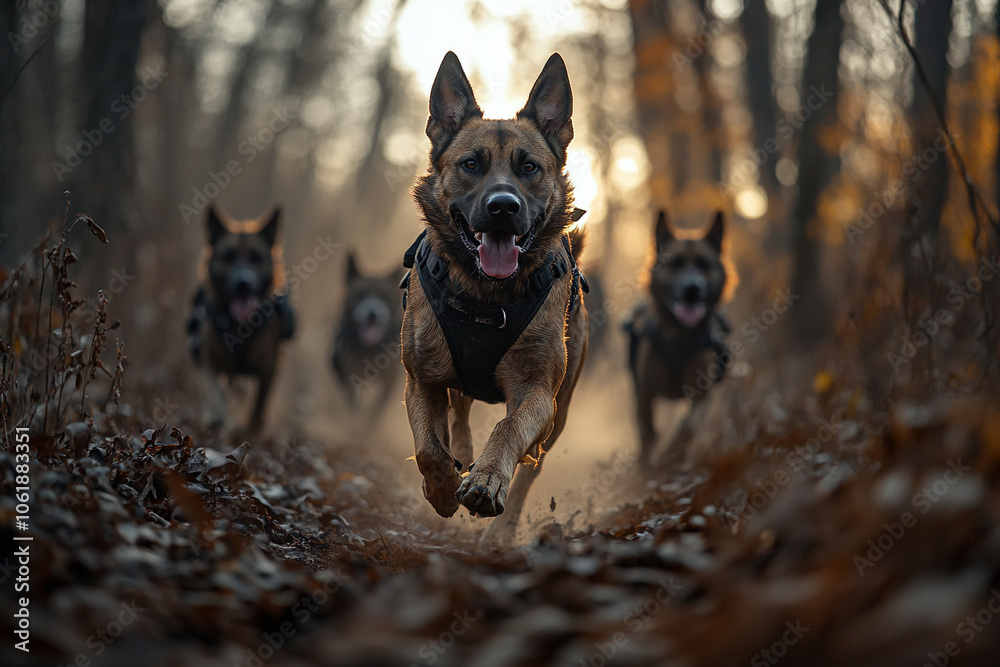 K9 police dog in search of criminal traces or people in the forest, a working german shepherd in uniform with a police officer, providing patrol support and protection.