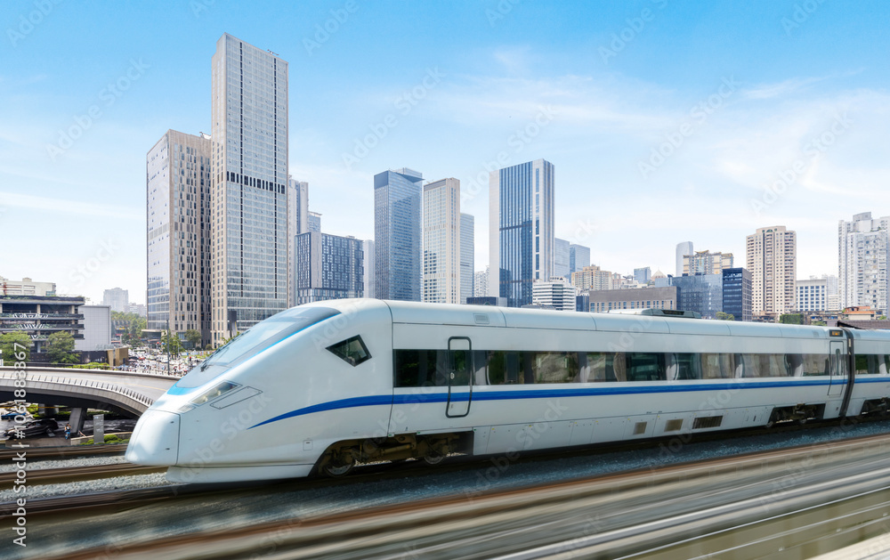 High-speed rail speeds on Bridges and the modern city skyline of chongqing, China