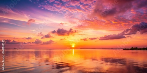 Soft pink and orange hues cast a warm glow on the landscape as the sun dips below the horizon, clouds, sky