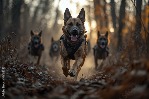 K9 police dog in search of criminal traces or people in the forest, a working german shepherd in uniform with a police officer, providing patrol support and protection.