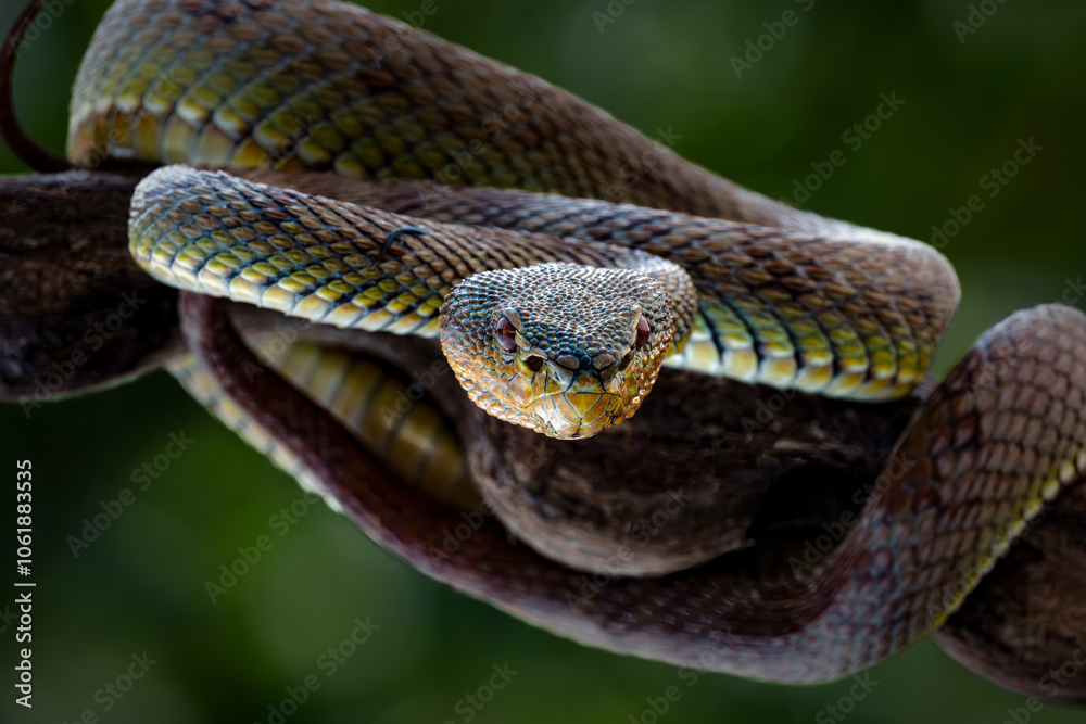 Fototapeta premium Manggrove Pit Viper snake closeup face, animal closeup