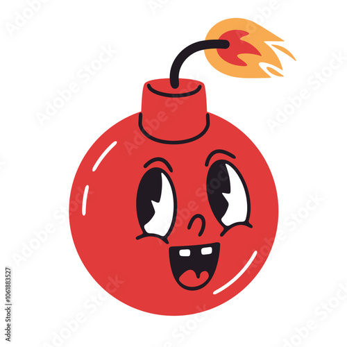 Comic bombshell. Cartoon red bomb mascot, funny bomb character with burning wick flat vector illustration. Cute bomb with comical face emotions