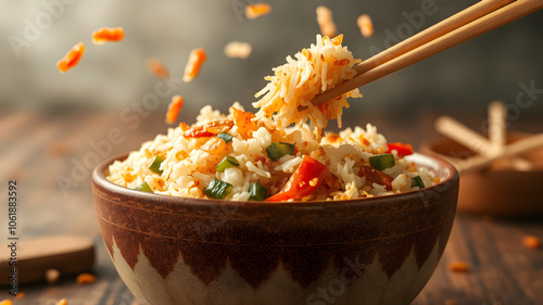 Veg Schezwan Fried Rice in black bowl at dark slate background.with chops sticks. photo