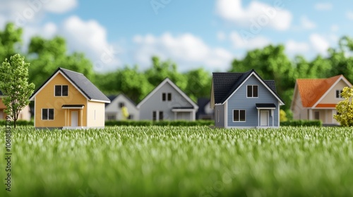 Wallpaper Mural A vibrant scene featuring several model houses set against a lush green background, showcasing diverse architectural styles in a sunny environment. Torontodigital.ca