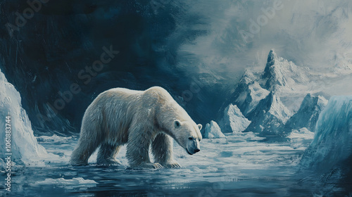 An evocative scene depicting a polar bear struggling to find ice, representing the impact of climate change on wildlife. photo