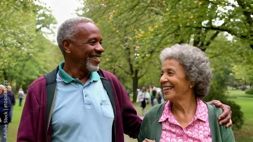 Older afro couple walking in a park in spring. Older afro couple walking in a park in spring.