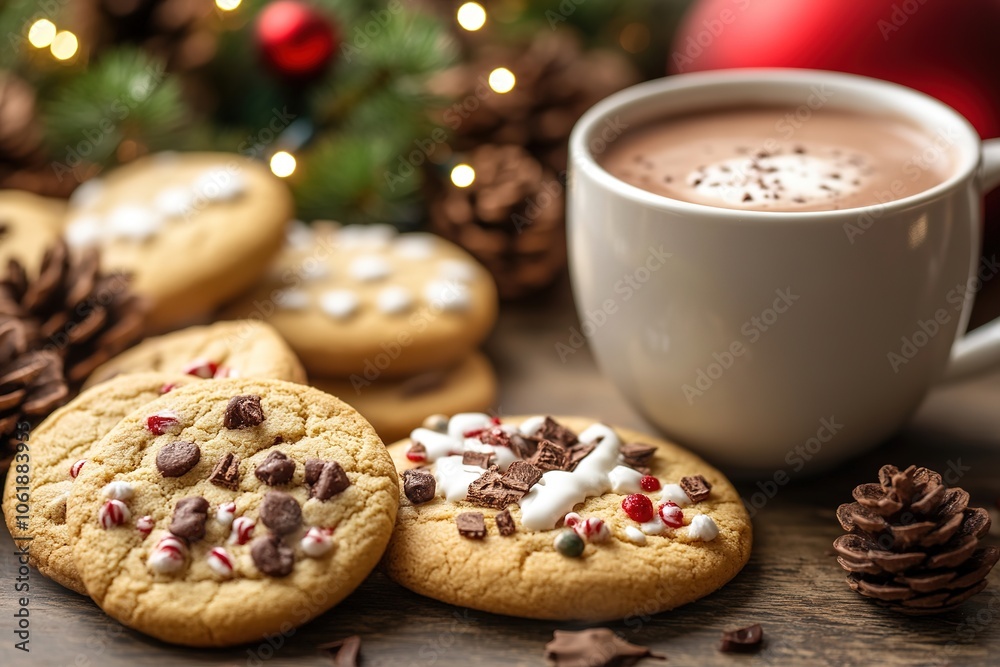 Cozy holiday treats with hot cocoa and festive cookies.