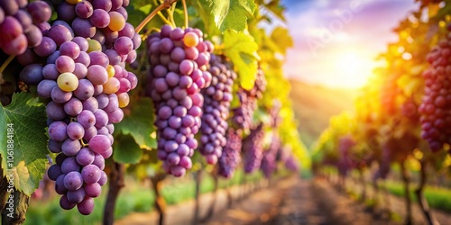 Sun-drenched rows of grapevines with ripe purple grapes hanging from the clusters, grapes, farm land