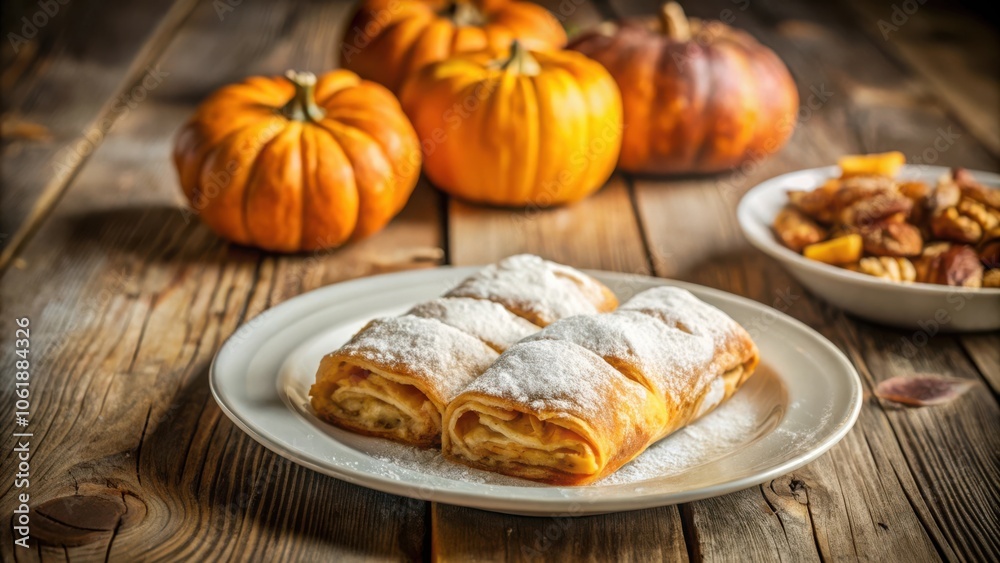 Two Sweet Rolls with Powdered Sugar Served on a White Plate Near Pumpkins on a Rustic Wood Table