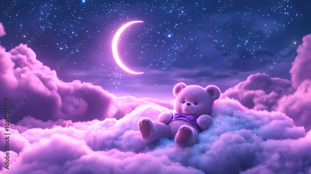 Teddy bear relaxing on a fluffy cloud under a purple night sky with ...