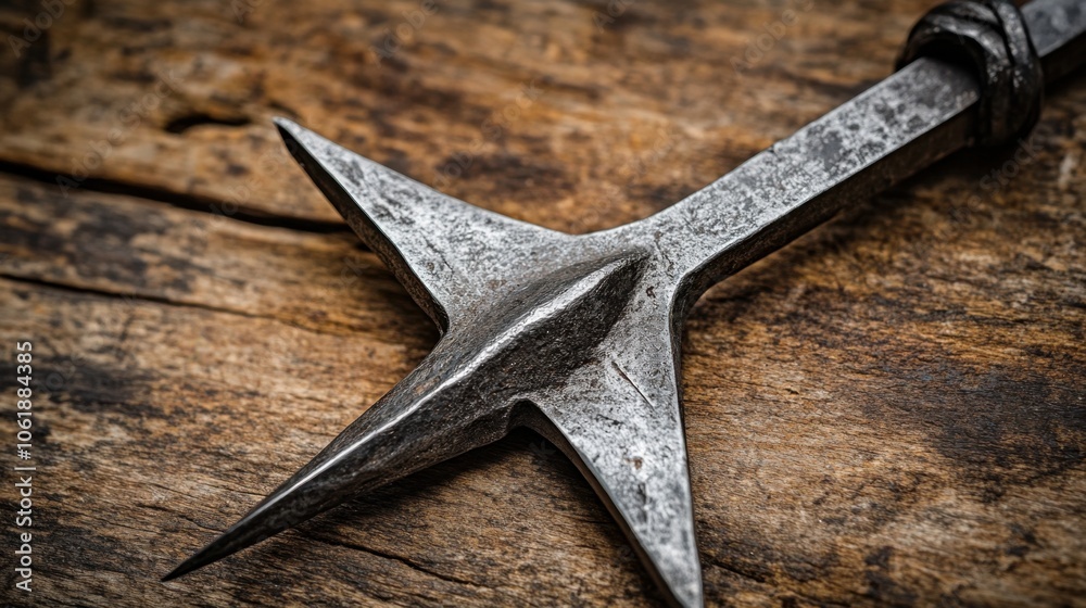 Sharp Metal Spearhead on Rustic Wooden Surface