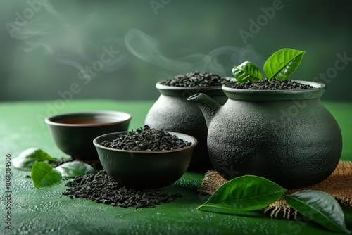A traditional teapot with cups, a bowl of dry tea leaves, and fresh green leaves on a textured white surface hint at a peaceful tea-drinking experience