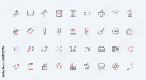 Device and smart multimedia gadget to play and record music, listen sound line icon set. Tablet and computer, laptop and speakers, microphone thin black and red outline symbols vector illustration