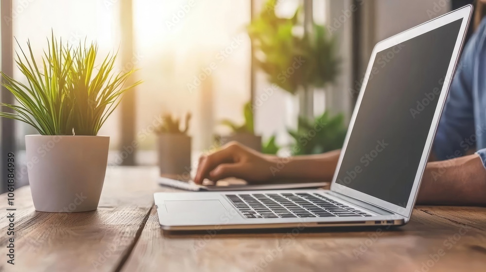 A person using a laptop on a wooden desk with a small potted plant beside it, illuminated by warm sunlight streaming through the window. A person using a laptop on a wooden desk with a small potted plant beside it, illuminated by warm sunlight streaming through the window.