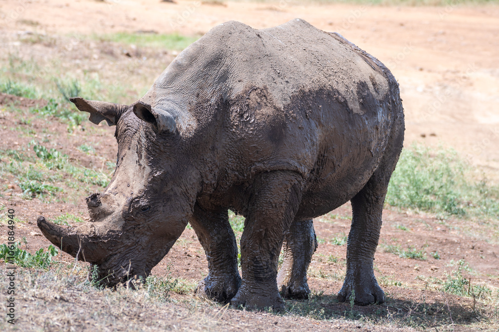 A large, muddy rhinoceros stands proudly in a field, Nairobi Park, Kenya A large, muddy rhinoceros stands proudly in a field, Nairobi Park, Kenya