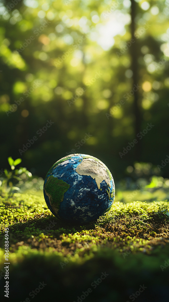 Planet earth miniature model displayed on moss in a sunlit forest, representing environmental awareness and sustainable practices Planet earth miniature model displayed on moss in a sunlit forest, representing environmental awareness and sustainable practices