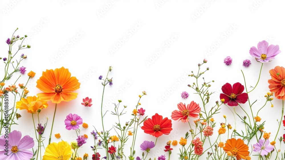 Tiny colorful flowers on a white background offer a fresh and cheerful look with ample room for captions or design elements Tiny colorful flowers on a white background offer a fresh and cheerful look with ample room for captions or design elements