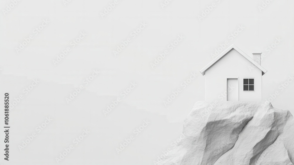 Fototapeta premium A minimalist white house sits atop a rocky cliff, surrounded by a foggy, serene atmosphere, conveying solitude and tranquility.