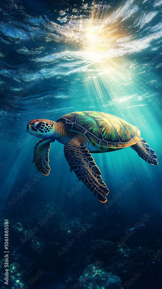 Graceful sea turtle glides through the deep blue ocean, surrounded by vibrant marine life and colorful coral reefs