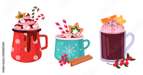 Winter holidays drinks. Christmas hot beverage cups, festive mugs with hot cocoa with marshmallow and cinnamon sticks decor flat vector illustration set. Xmas hot drink cups on white