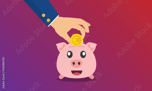 Hand placing a gold euro coin into a pink piggy bank. Concept of saving money. Vector illustration