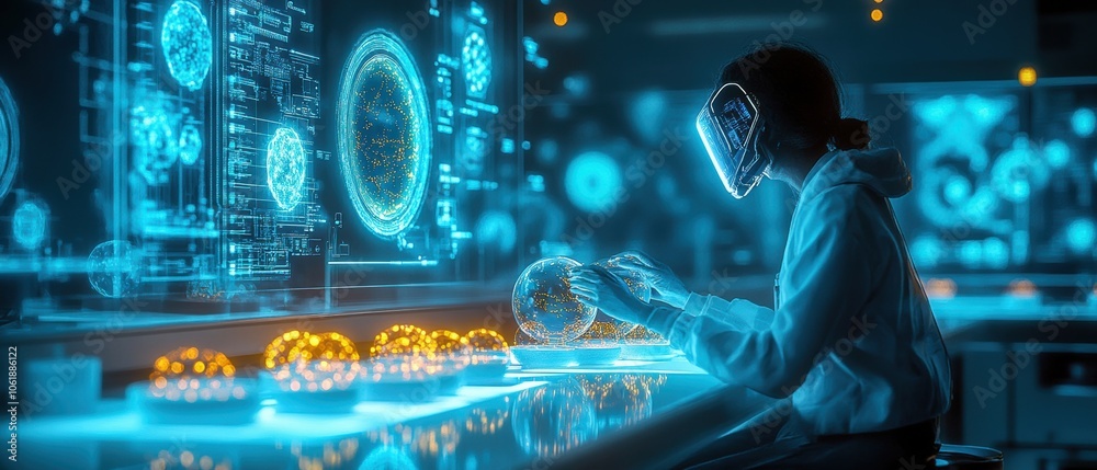Obraz premium Futuristic Control Room Scene with Engineer Working on High-Tech Projects