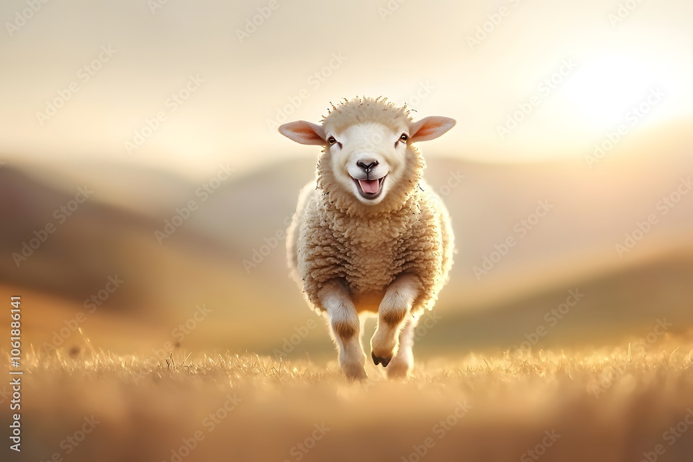 Obraz premium Playful Sheep with a Humorous Grin in Sunrise Field