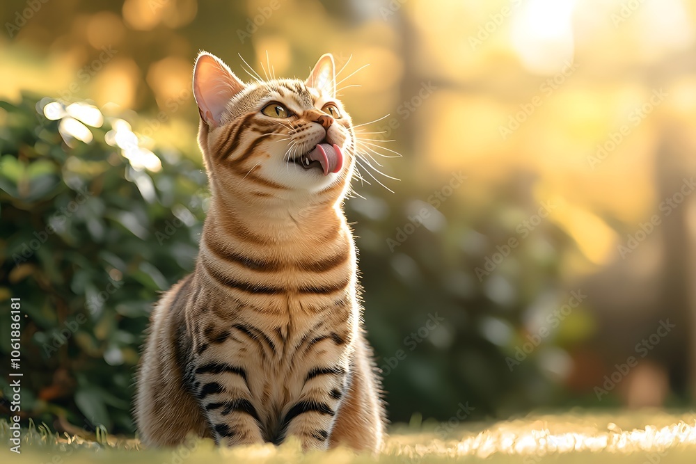 Fototapeta premium Playful Cat Sticking Out Its Tongue in Nature