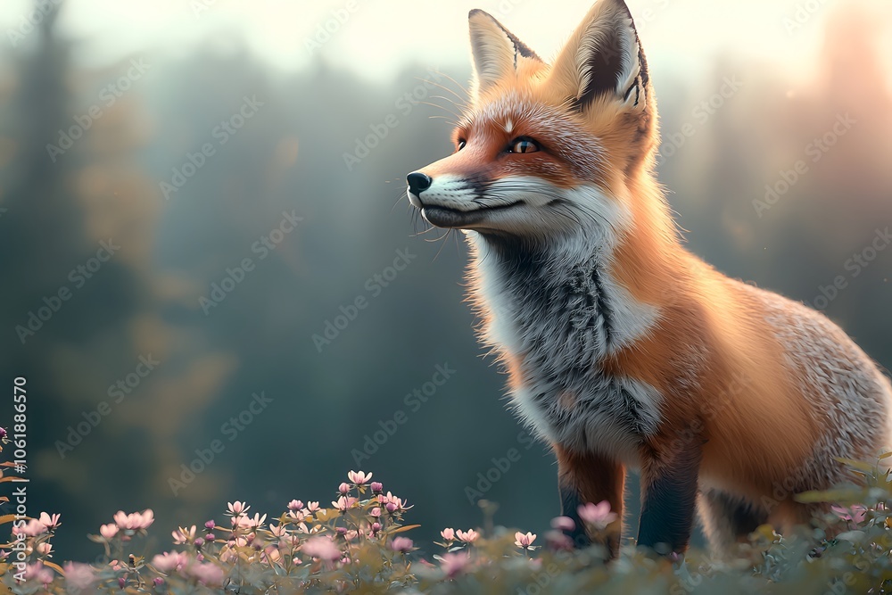 Naklejka premium Sly Fox in Blooming Meadow at Sunrise
