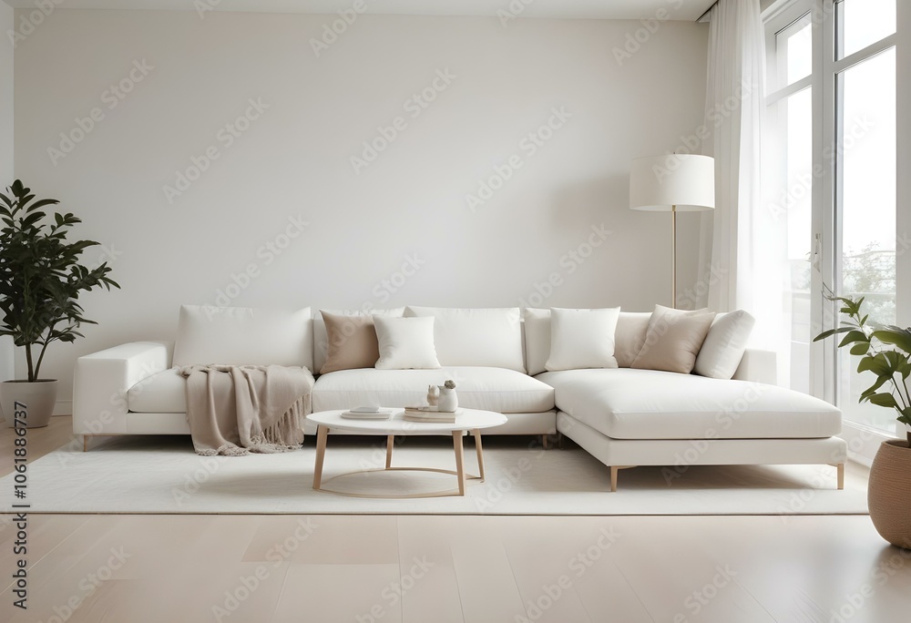 Fototapeta premium A modern living room with a large white sectional sofa, a white side table, and a beige area rug on a light hardwood floor.