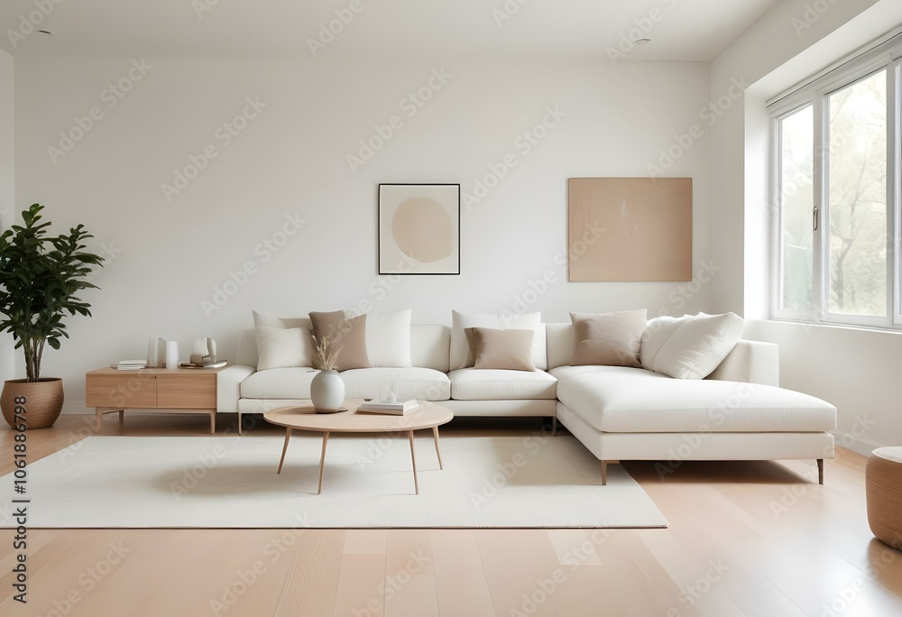 A modern living room with a large white sectional sofa, a white side table, and a beige area rug on a light hardwood floor. A modern living room with a large white sectional sofa, a white side table, and a beige area rug on a light hardwood floor.