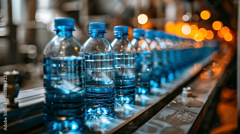 Bottles of water are lined up on a conveyor belt in a factory Bottles of water are lined up on a conveyor belt in a factory