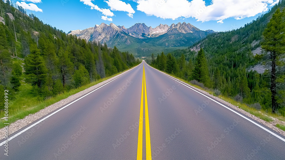 Fototapeta premium scenic road leads through lush green landscape with majestic mountains in background