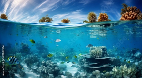 coral blue water in ocean, oceanic view, fantastic view of the ocean photo