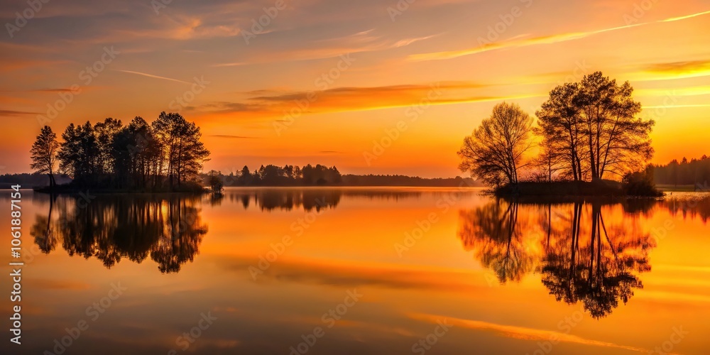 Fototapeta premium Warm orange hues cast over a serene lake at dusk, with silhouetted trees reflecting in the calm water, orange, warm, reflection, forest, soft