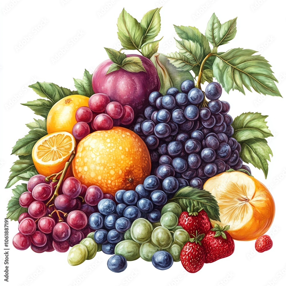A charming set of fruits in a decorative arrangement, artistic style, soft hues, isolated on white background A charming set of fruits in a decorative arrangement, artistic style, soft hues, isolated on white background