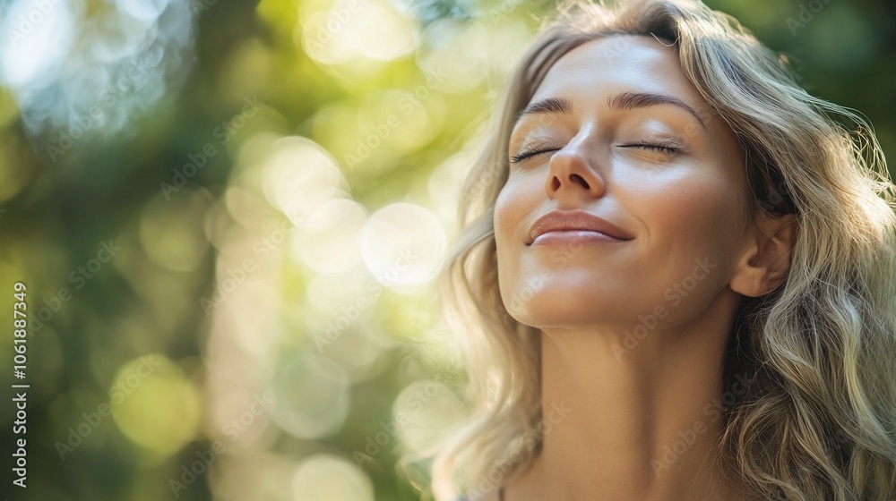 A young woman with closed eyes smiles serenely as she breathes in fresh air while standing outdoors in a lush green forest. A young woman with closed eyes smiles serenely as she breathes in fresh air while standing outdoors in a lush green forest.