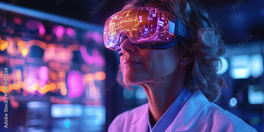 A doctor in VR goggles with a digital interface around them, including 3D visualizations of patient anatomy and diagnostics, highlighting the high-tech approach to medical treatment. A doctor in VR goggles with a digital interface around them, including 3D visualizations of patient anatomy and diagnostics, highlighting the high-tech approach to medical treatment.
