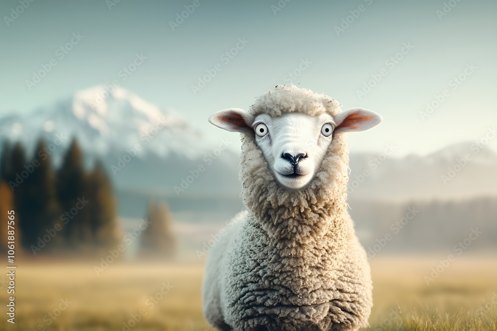 Fototapeta premium Photorealistic Sheep with Wide Eyes in Nature