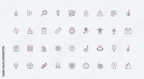 Electricity production, types of alternative energy sources line icon set. Wind turbine and solar panel, oil and gas, battery, sustainable plant thin black and red outline symbols vector illustration