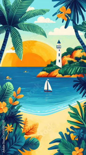 Landing page for a travel agency withT ropical Beach Sunset with Palm Trees and Lighthouse - Phone Wallpaper
 photo