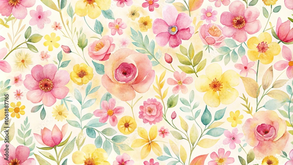Fototapeta Whimsical watercolor flower pattern showcasing individual blooms in soft shades of pink and yellow, delicate details, romantic