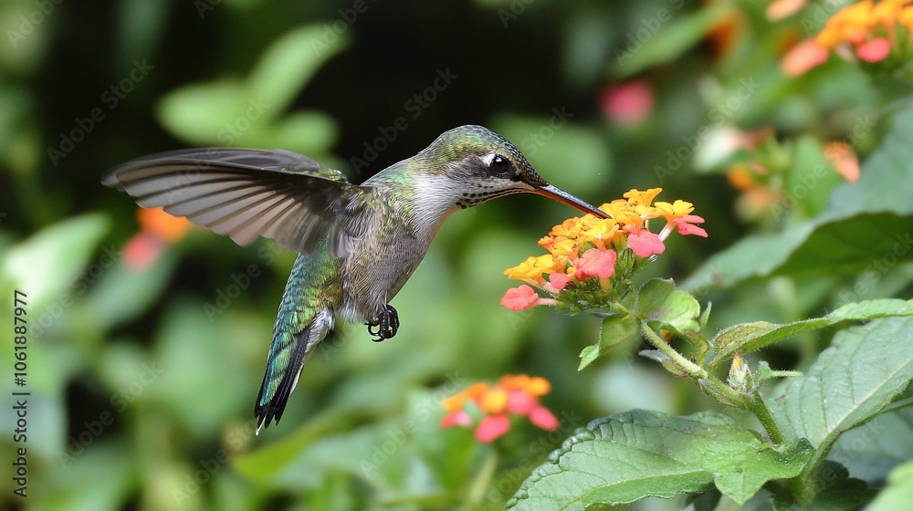 Obraz premium A vibrant hummingbird hovers mid-flight, its long beak extended as it feeds on nectar from a bright orange and yellow flower. The background is a blur of green foliage.