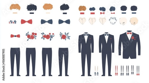 A collection of wedding suit elements including ties, hairstyles, and floral accents for groom illustrations. photo