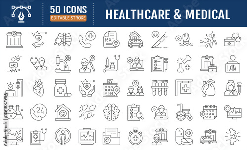 Healthcare and Medical Icons set. Hospital, patient, medicine, pharmacy, nurse, prescription,medical report and others. Vector line illustration