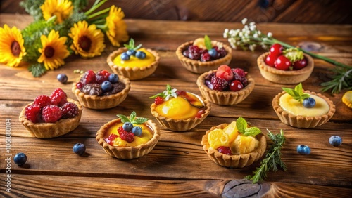 A Rustic Wooden Tabletop Display Featuring a Selection of Delectable Mini Tarts Topped with Fresh Fruit and Creamy Fillings