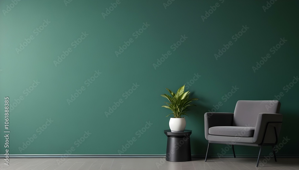 A modern living room with a green wall, a gray sofa, and a small black table with a potted plant on it.