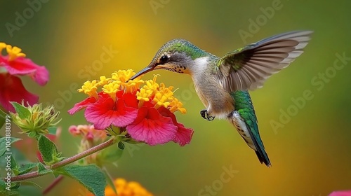 A hummingbird in mid-flight, feeding on nectar from a pink and yellow flower.