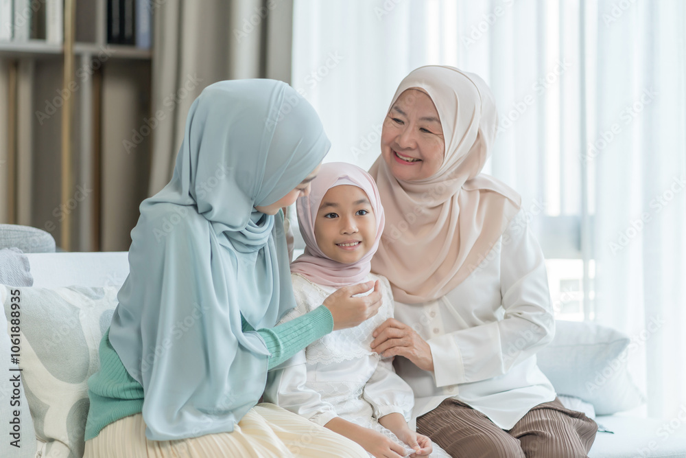 Obraz premium portrait of happy three different generations female muslim family meeting at home,sitting on couch in living room,gentle touching with love, smile,enjoy holiday time together