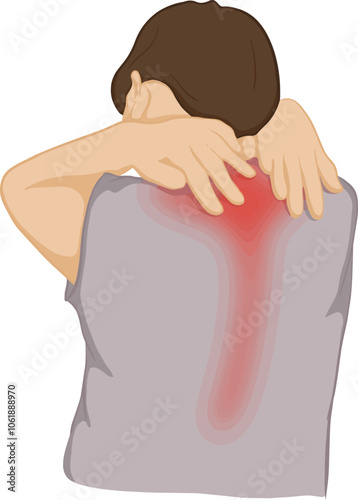 Cartoon drawing of man having neck and shoulder pain down behind,  back pain health care and medical concept. vector illustration.